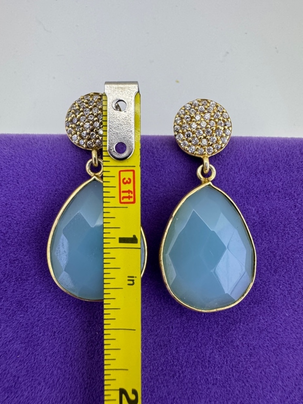 💛 Classic Gold-Plated Teardrop Blue Chalcedony Drop Earrings - Picture 2 of 4